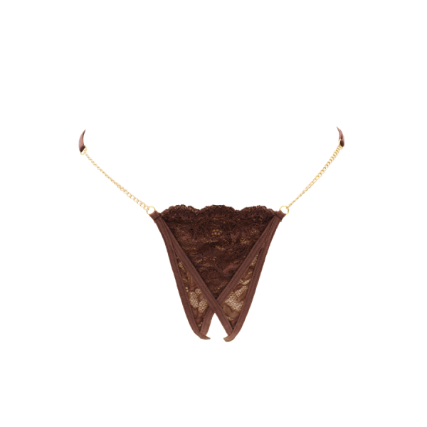 String en dentelle marron ouvert avec chaînes dorées 